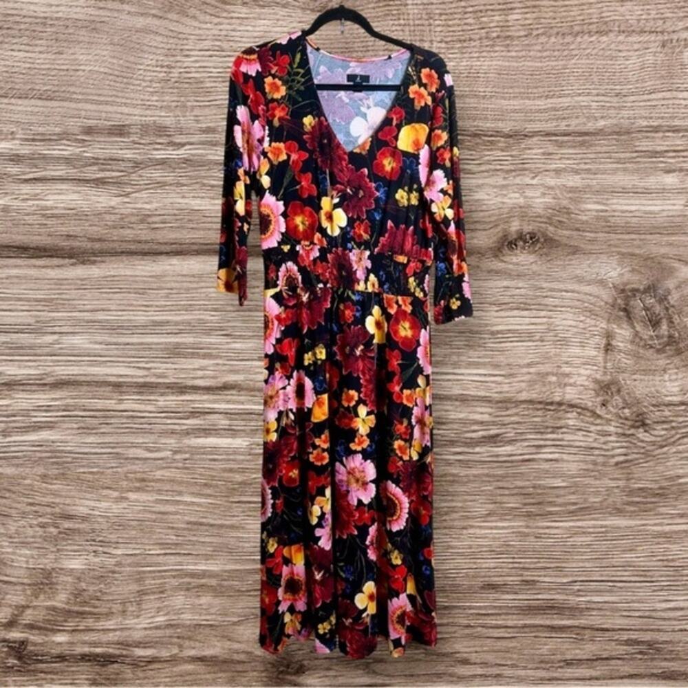 Jason Wu 3/4 Sleeve V-Neck Smocked Dress. Black floral. Medium